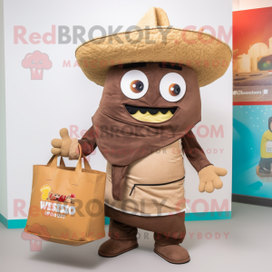 Brown Tacos mascot costume character dressed with a Dungarees and Tote bags