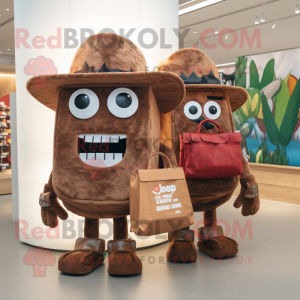 Brown Tacos mascot costume character dressed with a Dungarees and Tote bags