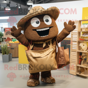 Brown Tacos mascot costume character dressed with a Dungarees and Tote bags