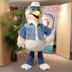 Cream Peacock mascot costume character dressed with a Denim Shirt and Shoe clips