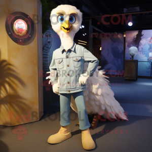 Cream Peacock mascot costume character dressed with a Denim Shirt and Shoe clips