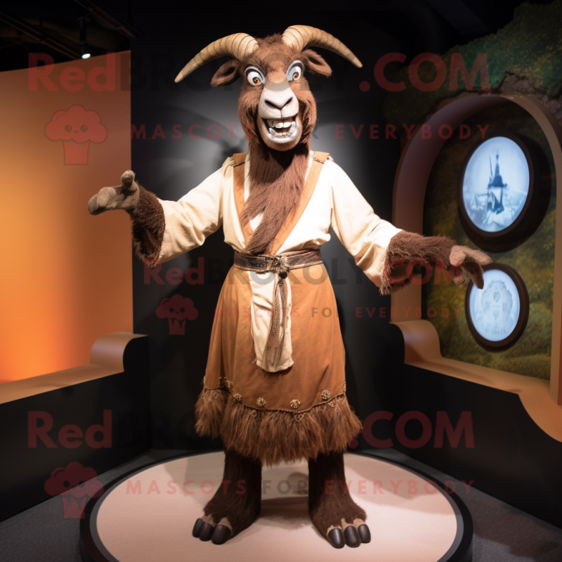 Brown Goat mascot costume character dressed with a Evening Gown and Belts Brown Goat mascot costume character dressed with a Evening Gown and Belts