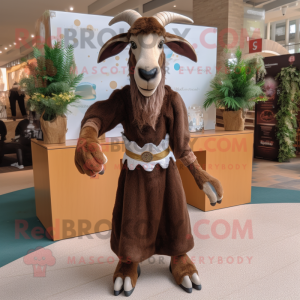 Brown Goat mascot costume character dressed with a Evening Gown and Belts