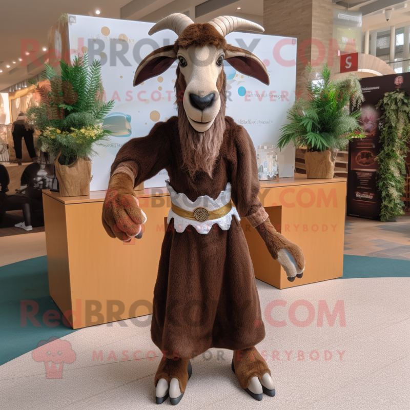 Brown Goat mascot costume character dressed with a Evening Gown and Belts