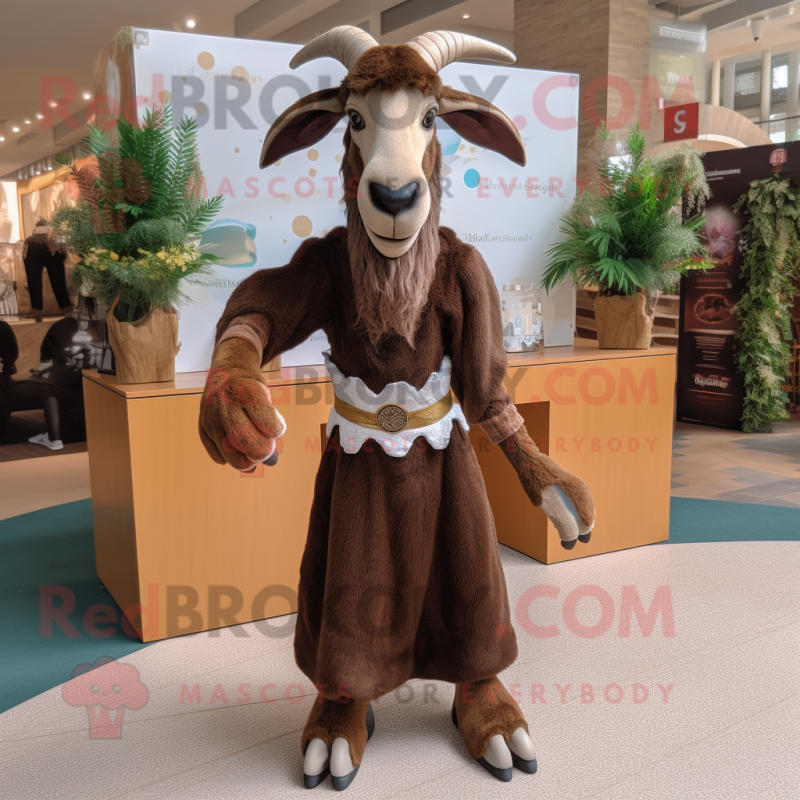 Brown Goat mascot costume character dressed with a Evening Gown and Belts Brown Goat mascot costume character dressed with a Evening Gown and Belts