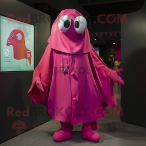 Magenta Squid mascot costume character dressed with a Raincoat and Pocket squares