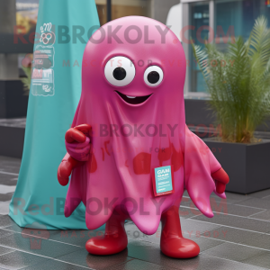 Magenta Squid mascot costume character dressed with a Raincoat and Pocket squares