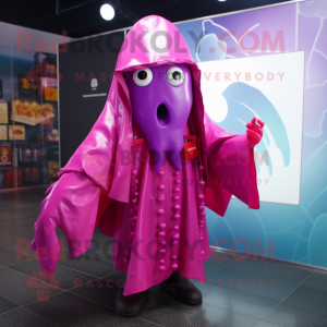 Magenta Squid mascot costume character dressed with a Raincoat and Pocket squares