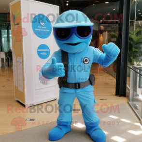 Sky Blue Para Commando mascot costume character dressed with a One-Piece Swimsuit and Bracelets