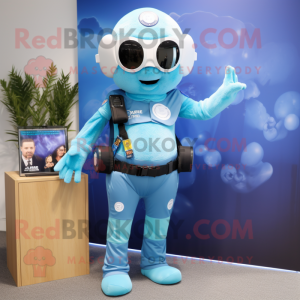 Sky Blue Para Commando mascot costume character dressed with a One-Piece Swimsuit and Bracelets