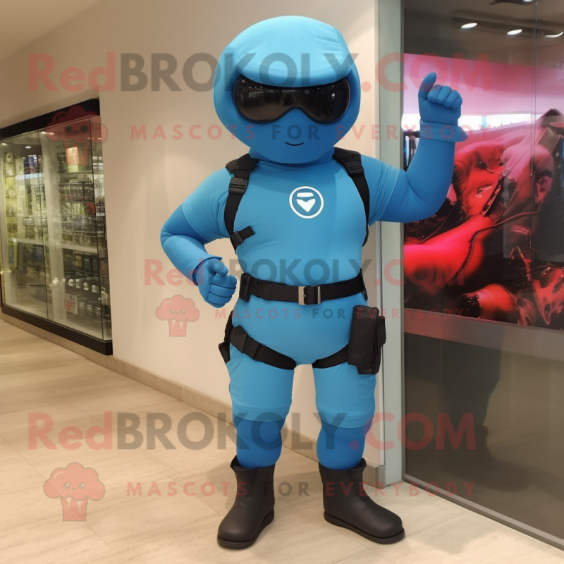 Sky Blue Para Commando mascot costume character dressed with a One-Piece Swimsuit and Bracelets