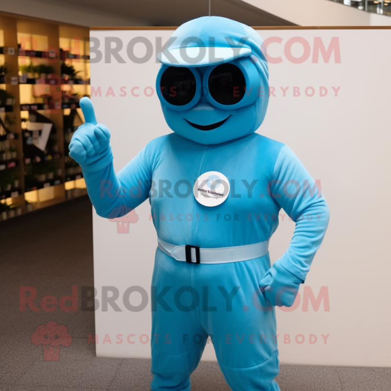 Sky Blue Para Commando mascot costume character dressed with a One-Piece Swimsuit and Bracelets Sky Blue Para Commando mascot costume character dressed with a One-Piece Swimsuit and Bracelets