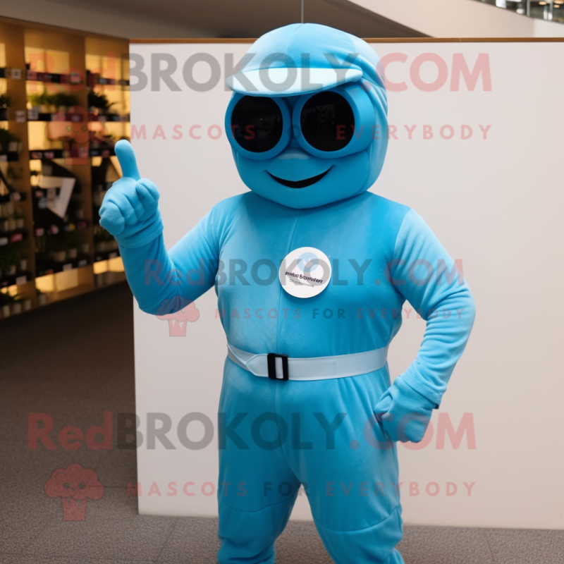 Sky Blue Para Commando mascot costume character dressed with a One-Piece Swimsuit and Bracelets