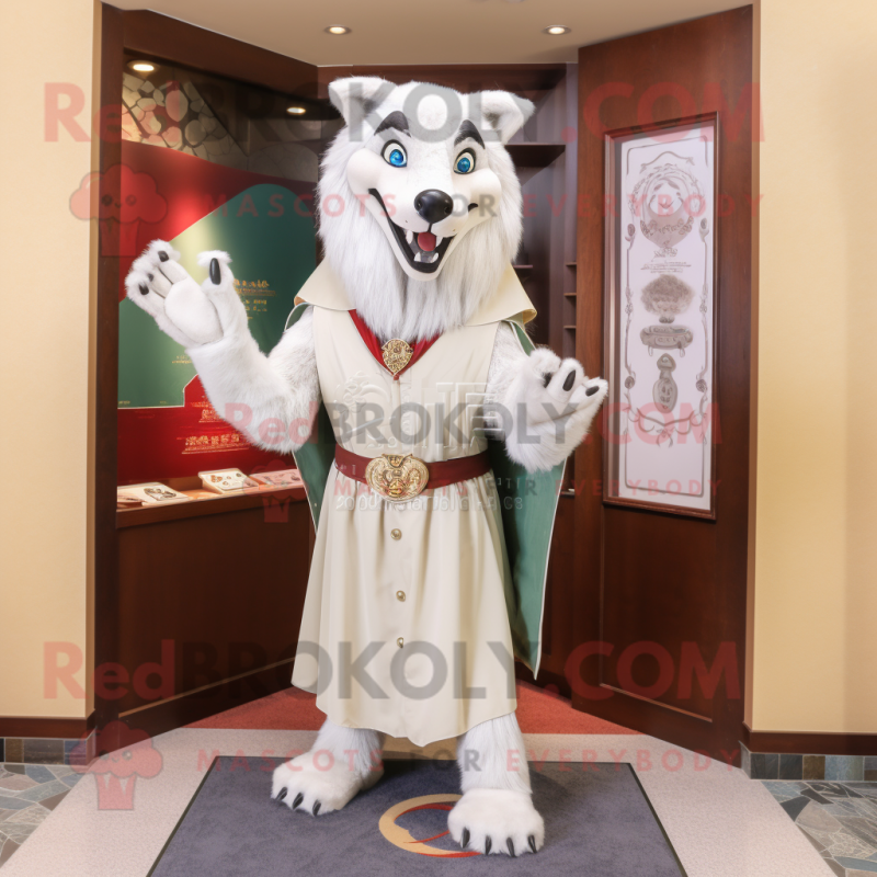 Cream Wolf mascot costume character dressed with a Sheath Dress and Shawls