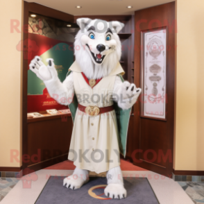 Cream Wolf mascot costume character dressed with a Sheath Dress and Shawls