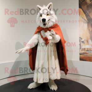 Cream Wolf mascot costume character dressed with a Sheath Dress and Shawls