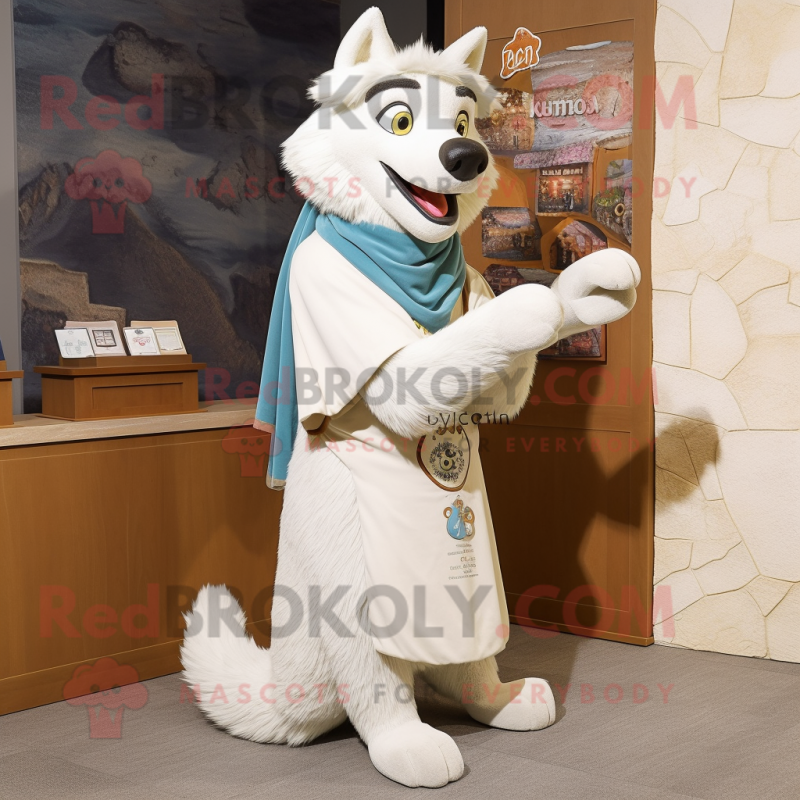 Cream Wolf mascot costume character dressed with a Sheath Dress and Shawls