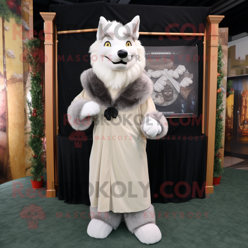 Cream Wolf mascot costume character dressed with a Sheath Dress and Shawls