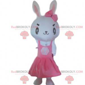 Biały królik maskotka w różowej sukience, kostium wielkanocny -