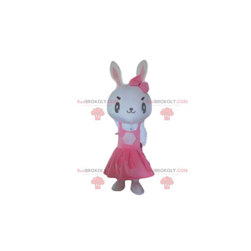 Mascote coelho branco com vestido rosa, fantasia de Páscoa -