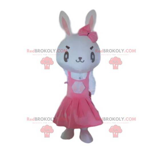 Biały królik maskotka w różowej sukience, kostium wielkanocny -