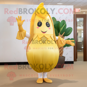 Gold Radish mascot costume character dressed with a A-Line Skirt and Foot pads