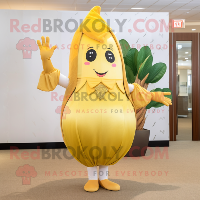 Gold Radish mascot costume character dressed with a A-Line Skirt and Foot pads Gold Radish mascot costume character dressed with a A-Line Skirt and Foot pads