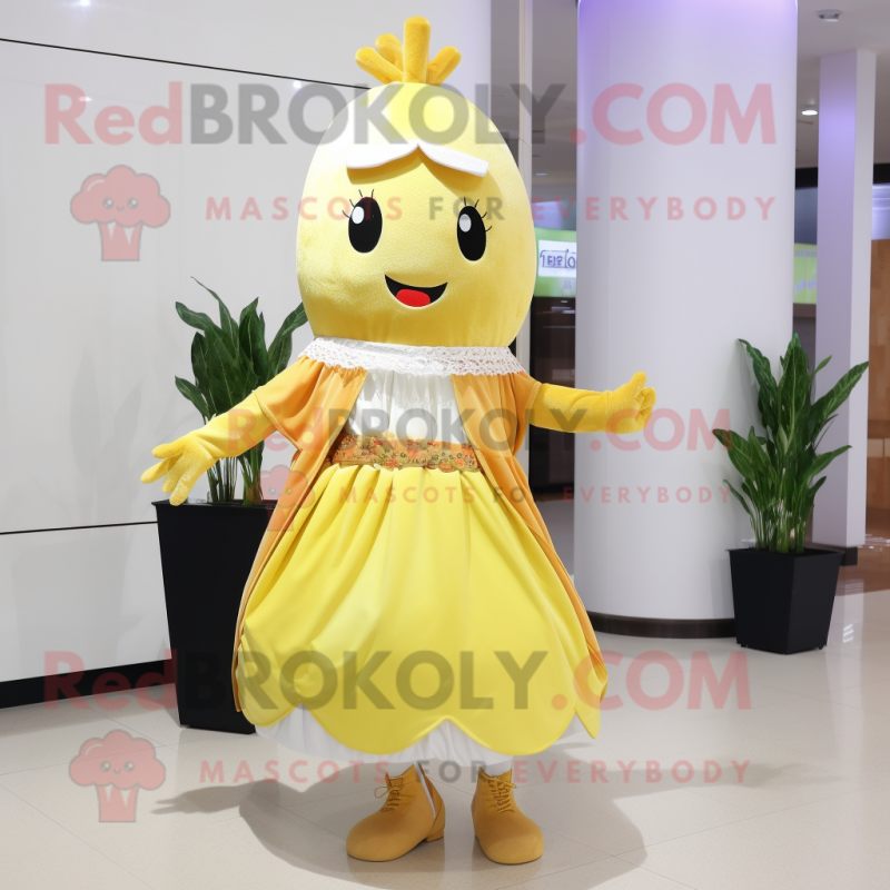 Gold Radish mascot costume character dressed with a A-Line Skirt and Foot pads Gold Radish mascot costume character dressed with a A-Line Skirt and Foot pads