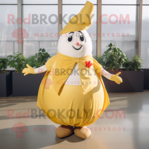 Gold Radish mascot costume character dressed with a A-Line Skirt and Foot pads