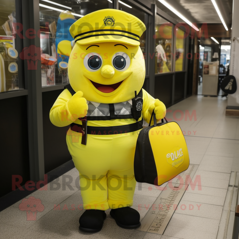 Lemon Yellow Police Officer mascot costume character dressed with a Dungarees and Backpacks