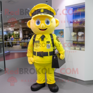 Lemon Yellow Police Officer mascot costume character dressed with a Dungarees and Backpacks