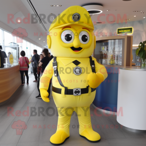 Lemon Yellow Police Officer mascot costume character dressed with a Dungarees and Backpacks