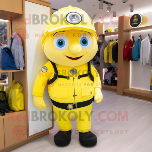 Lemon Yellow Police Officer mascot costume character dressed with a Dungarees and Backpacks