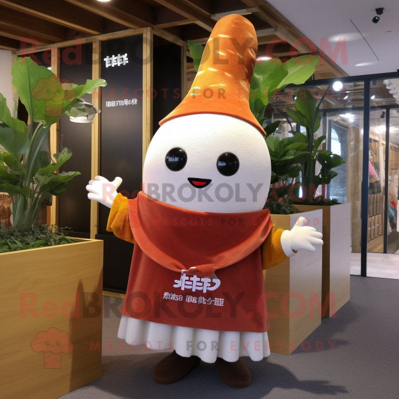 Rust Radish mascot costume character dressed with a Cardigan and Shawls