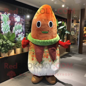 Rust Radish mascot costume character dressed with a Cardigan and Shawls