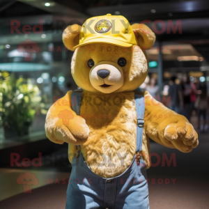 Gold Bear mascot costume character dressed with a Mom Jeans and Caps