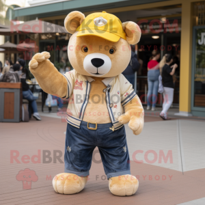 Gold Bear mascot costume character dressed with a Mom Jeans and Caps