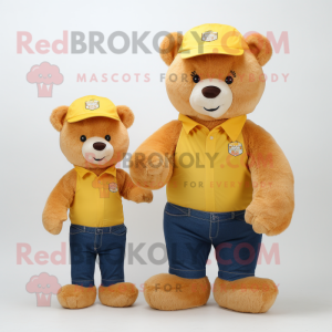 Gold Bear mascot costume character dressed with a Mom Jeans and Caps