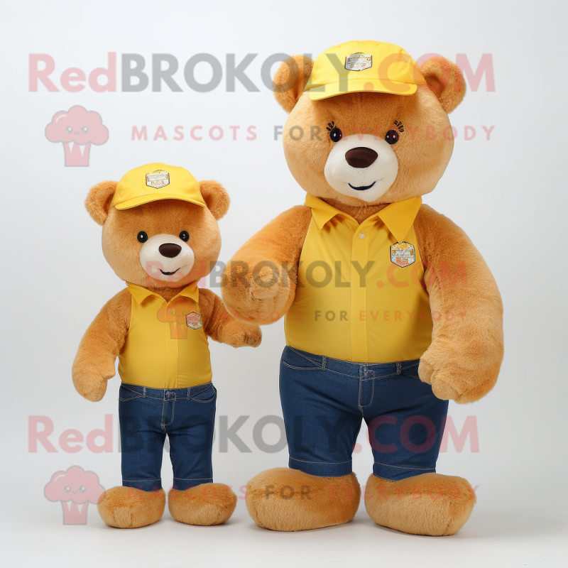 Gold Bear mascot costume character dressed with a Mom Jeans and Caps Gold Bear mascot costume character dressed with a Mom Jeans and Caps