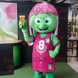 Magenta Green Beer mascot costume character dressed with a Baseball Tee and Rings