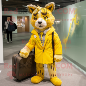 Yellow Lynx mascot costume character dressed with a Parka and Briefcases