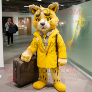 Yellow Lynx mascot costume character dressed with a Parka and Briefcases