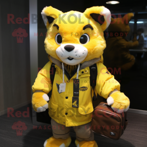 Yellow Lynx mascot costume character dressed with a Parka and Briefcases