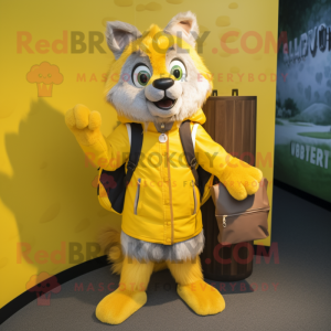 Yellow Lynx mascot costume character dressed with a Parka and Briefcases