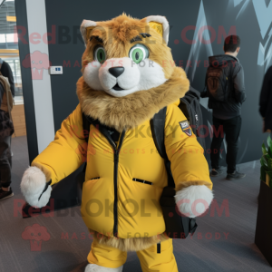 Yellow Lynx mascot costume character dressed with a Parka and Briefcases