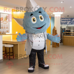 Gray Fish And Chips mascot costume character dressed with a Bootcut Jeans and Hairpins