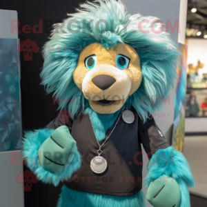 Teal Tamer Lion mascot costume character dressed with a Blouse and Keychains