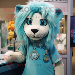 Teal Tamer Lion mascot costume character dressed with a Blouse and Keychains