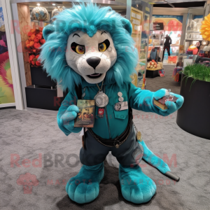 Teal Tamer Lion mascot costume character dressed with a Blouse and Keychains