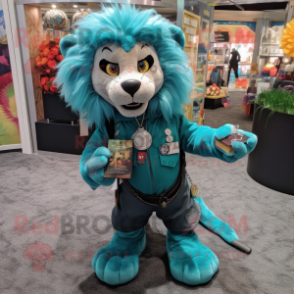 Teal Tamer Lion mascot costume character dressed with a Blouse and Keychains